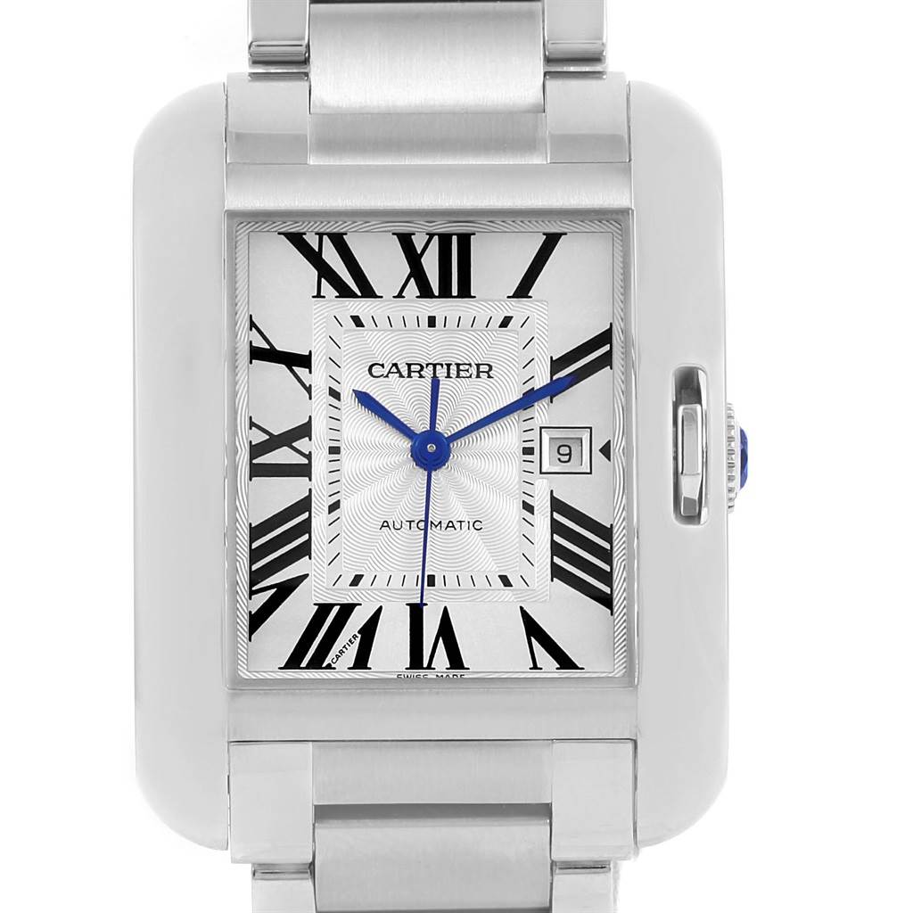 The image shows a Cartier Tank Anglaise W5310009 Men's Stainless Steel Silver Dial W5310009 Men's Stainless Steel Silver Dial watch viewed from the front, highlighting its rectangular dial, bracelet, and date window.