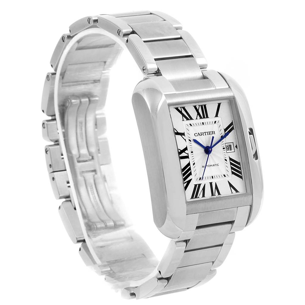 The image shows a side and front angle of the Cartier Tank Anglaise W5310009 Men's Stainless Steel Silver Dial W5310009 Men's Stainless Steel Silver Dial watch, displaying its face, bracelet, and clasp.