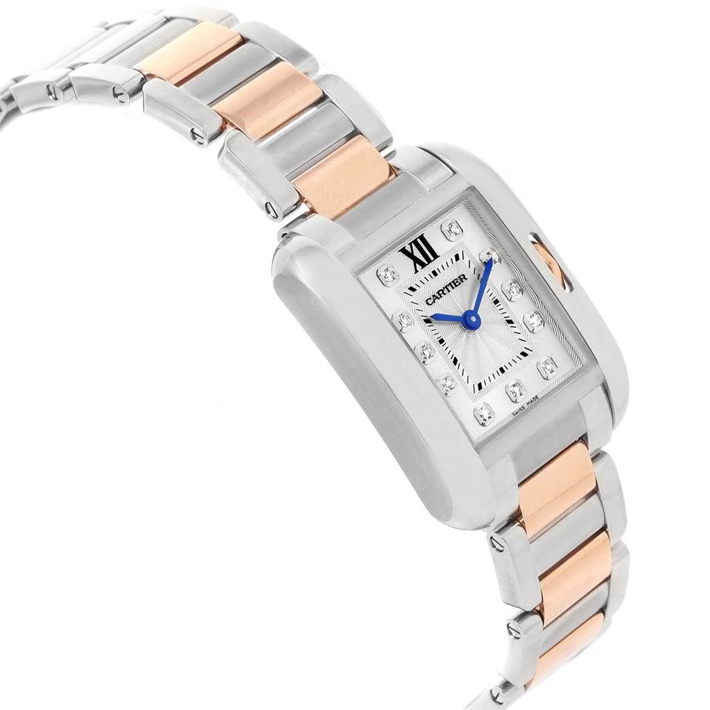 This image shows a side angle of a Cartier Tank Anglaise WT100024 Women's Steel and Gold (two tone) Silver Dial WT100024 Women's Steel and Gold (two tone) Silver Dial watch, highlighting its two-tone metal bracelet and rectangular face.