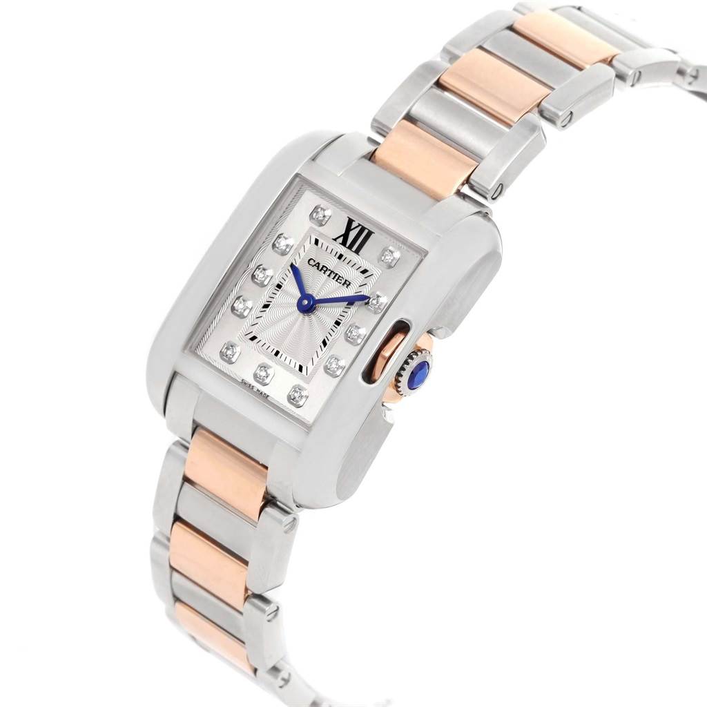 The image shows a Cartier Tank Anglaise WT100024 Women's Steel and Gold (two tone) Silver Dial WT100024 Women's Steel and Gold (two tone) Silver Dial watch at a three-quarter angle, highlighting its face, crown, and two-tone bracelet.