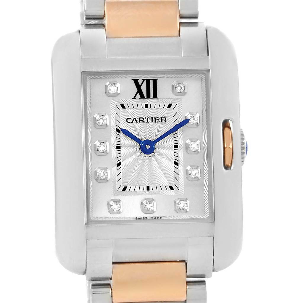 The image shows a frontal view of the Cartier Tank Anglaise WT100024 Women's Steel and Gold (two tone) Silver Dial WT100024 Women's Steel and Gold (two tone) Silver Dial watch, highlighting the dial, hands, bezel, and part of the bracelet.