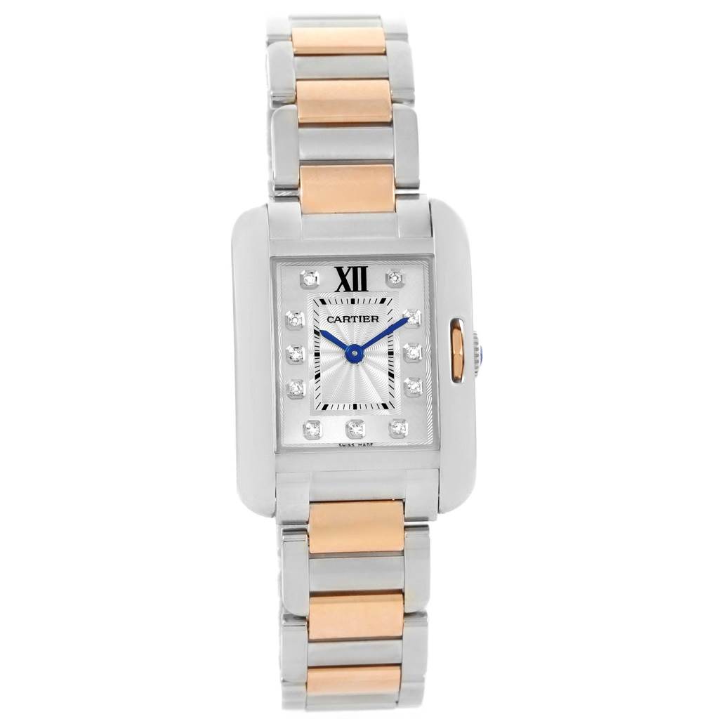 The image shows a front view of the Cartier Tank Anglaise WT100024 Women's Steel and Gold (two tone) Silver Dial WT100024 Women's Steel and Gold (two tone) Silver Dial watch, highlighting its dual-tone bracelet and rectangular watch face.