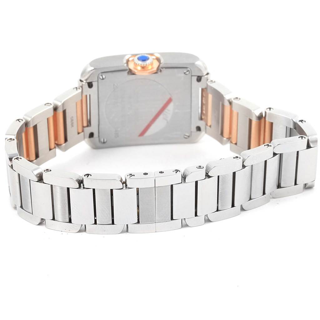 This image shows the back and bracelet of the Cartier Tank Anglaise WT100024 Women's Steel and Gold (two tone) Silver Dial WT100024 Women's Steel and Gold (two tone) Silver Dial watch with a focus on the clasp and case back.