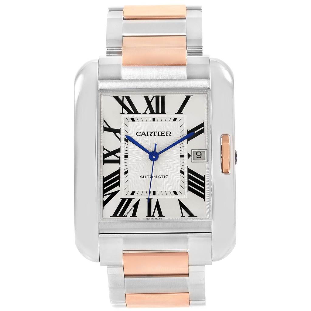 This image shows a front view of the Cartier Tank Anglaise W5310006 Men's Steel and Gold (two tone) Silver Dial W5310006 Men's Steel and Gold (two tone) Silver Dial watch, highlighting the Roman numerals, blue hands, date window, and two-tone bracelet.