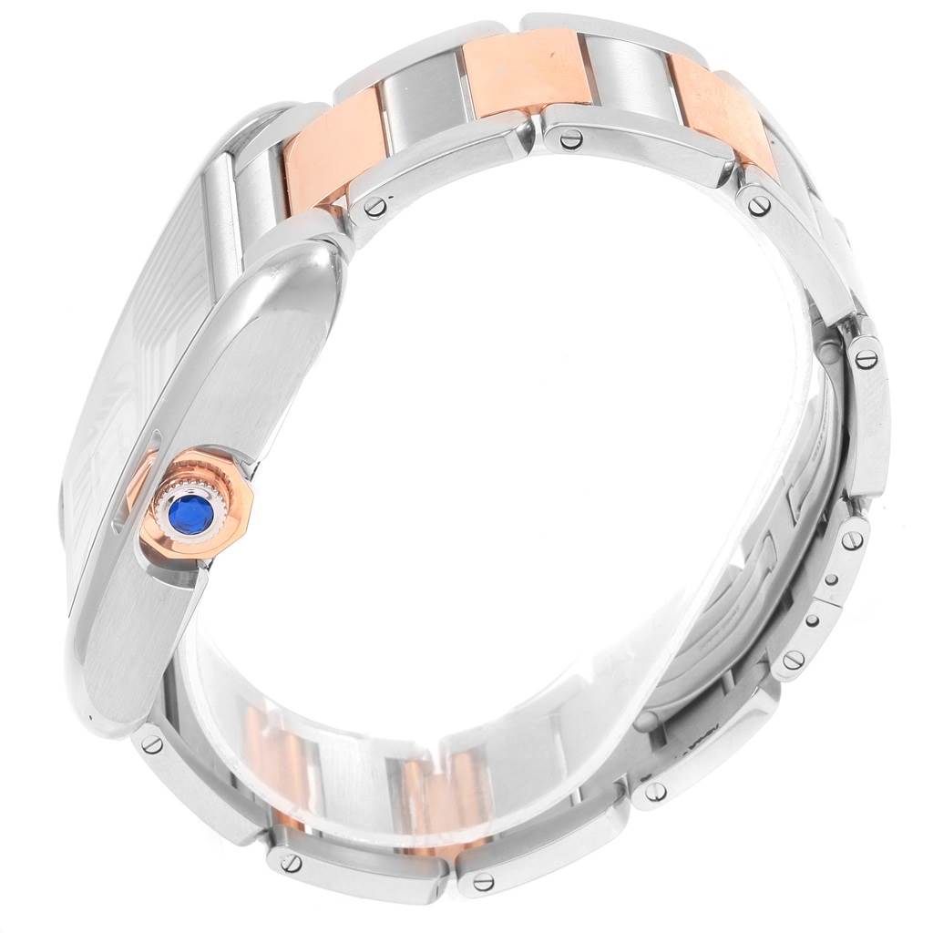 The image shows the side view of a Cartier Tank Anglaise W5310006 Men's Steel and Gold (two tone) Silver Dial W5310006 Men's Steel and Gold (two tone) Silver Dial watch, highlighting the case, band, and crown.