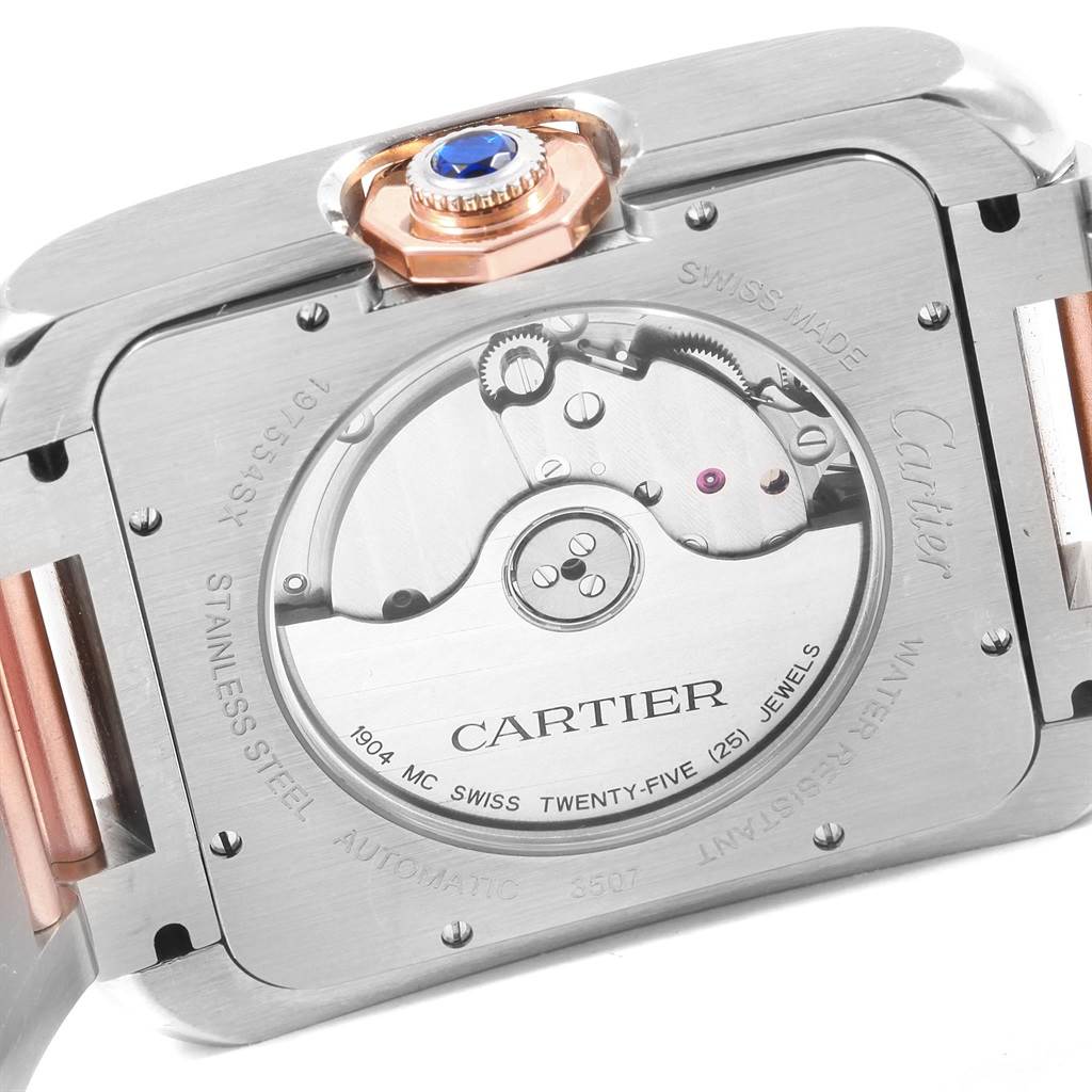 This image shows the back view of a Cartier Tank Anglaise W5310006 Men's Steel and Gold (two tone) Silver Dial W5310006 Men's Steel and Gold (two tone) Silver Dial watch, displaying the movement mechanism and case details.