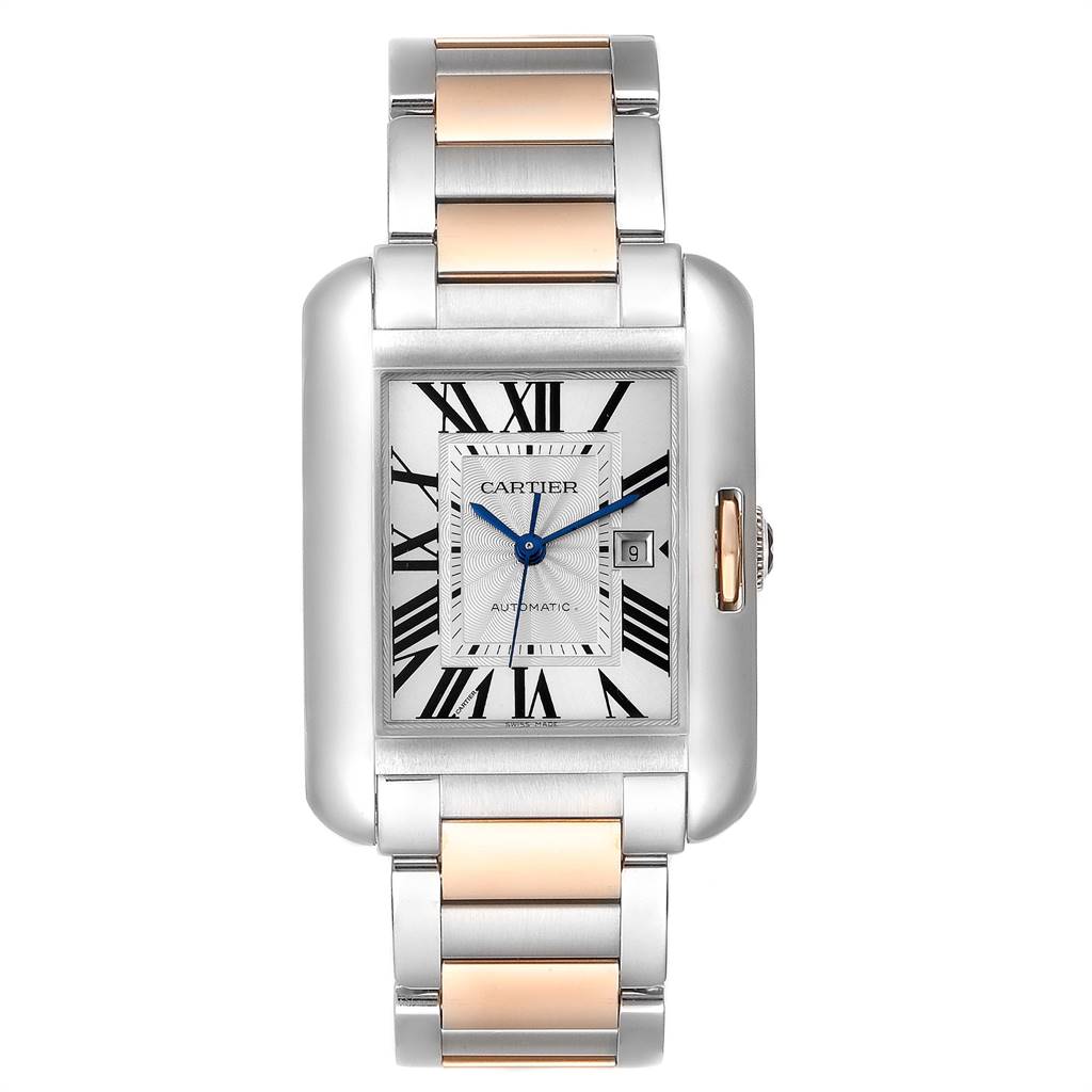 The image shows a front view of the Cartier Tank Anglaise W5310007 Men's Steel and Gold (two tone) Silver Dial W5310007 Men's Steel and Gold (two tone) Silver Dial watch, highlighting its dial, crown, and bimetal bracelet.