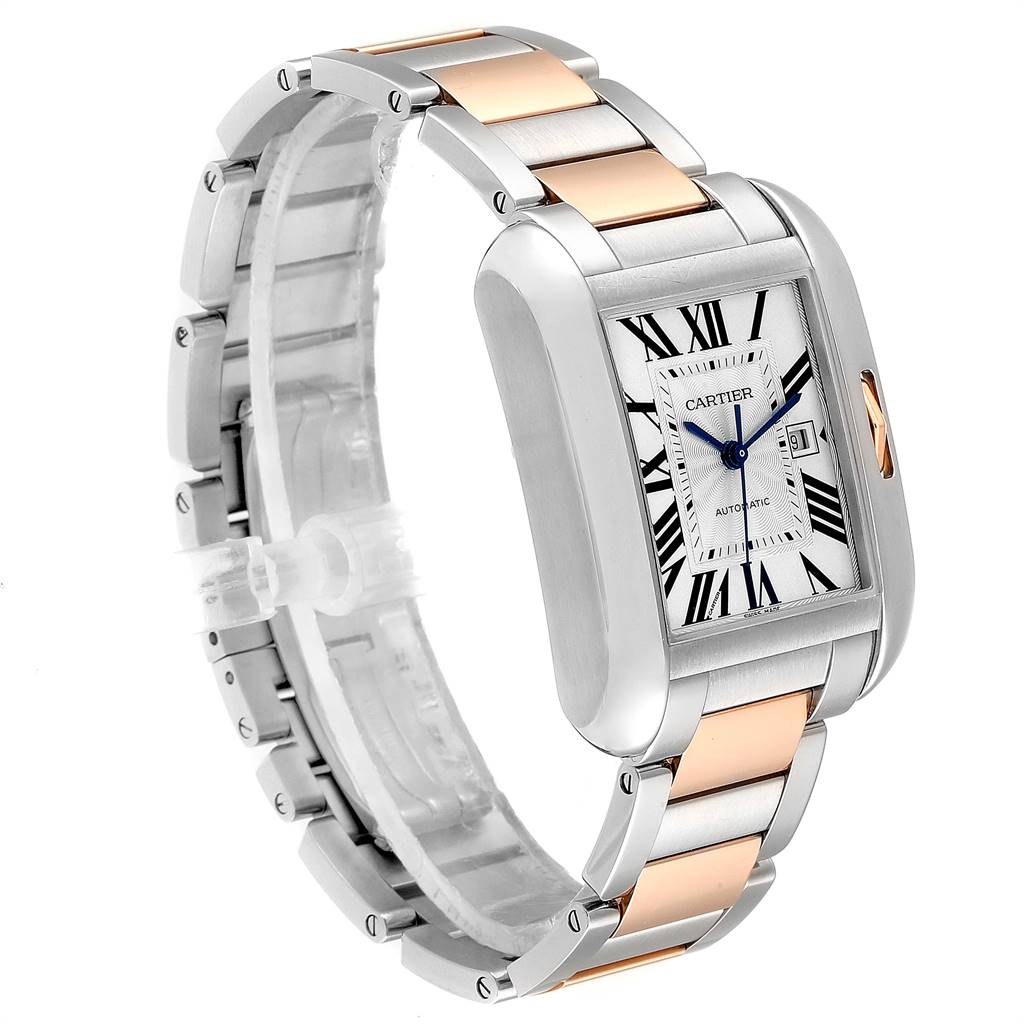 This image shows a Cartier Tank Anglaise W5310007 Men's Steel and Gold (two tone) Silver Dial W5310007 Men's Steel and Gold (two tone) Silver Dial watch from an angled view, highlighting its body, dial, and two-tone metal bracelet.