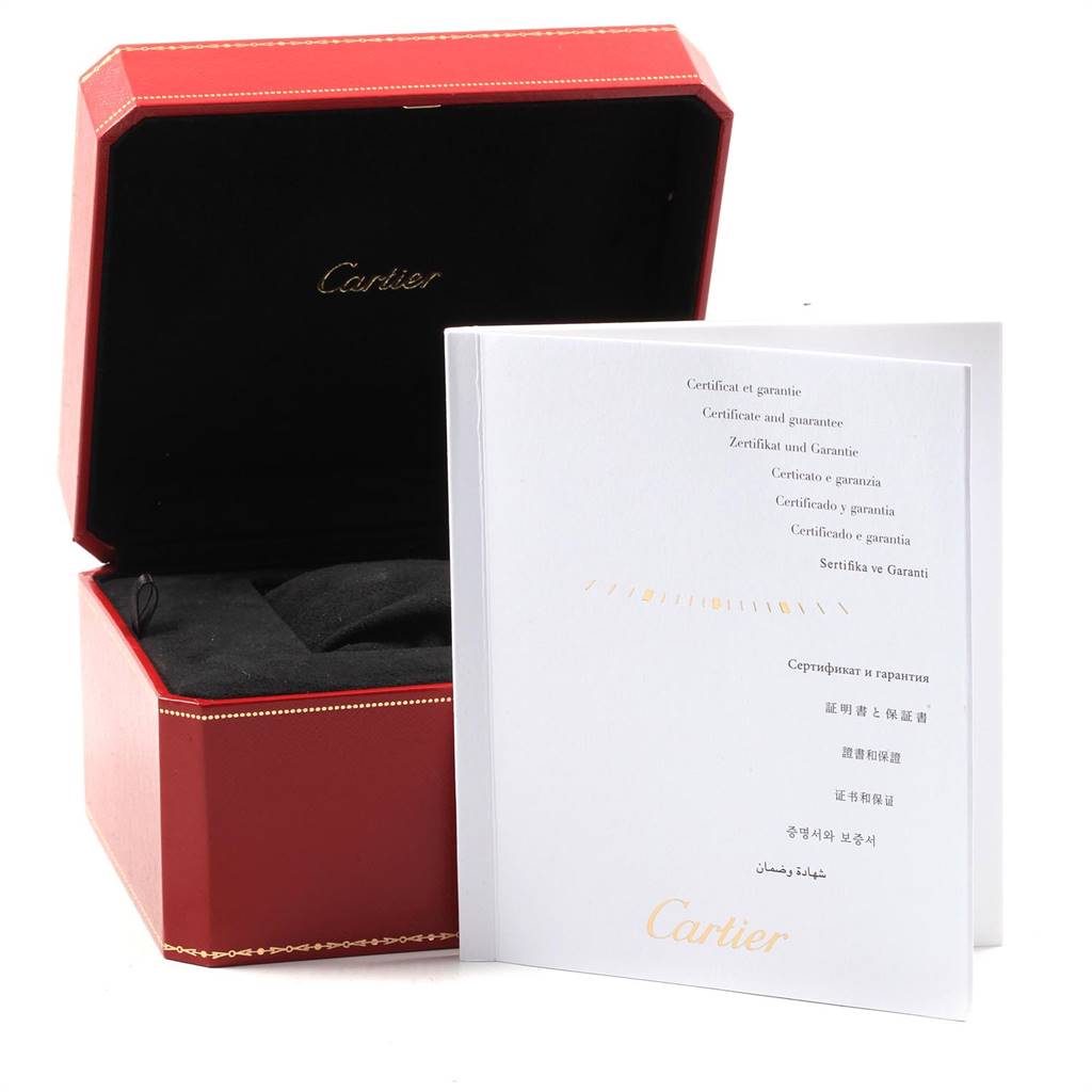 The image shows a Cartier Tank Anglaise W5310007 Men's Steel and Gold (two tone) Silver Dial W5310007 Men's Steel and Gold (two tone) Silver Dial watch box and its certificate and guarantee booklet.