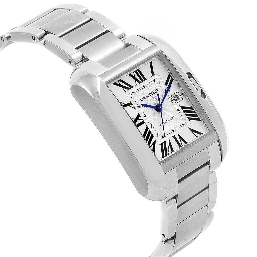 The image shows a Cartier Tank Anglaise W5310009 Men
s Stainless Steel Silver Dial W5310009 Men
s Stainless Steel Silver Dial watch at an angle, highlighting its rectangular face, bracelet, and side profile.