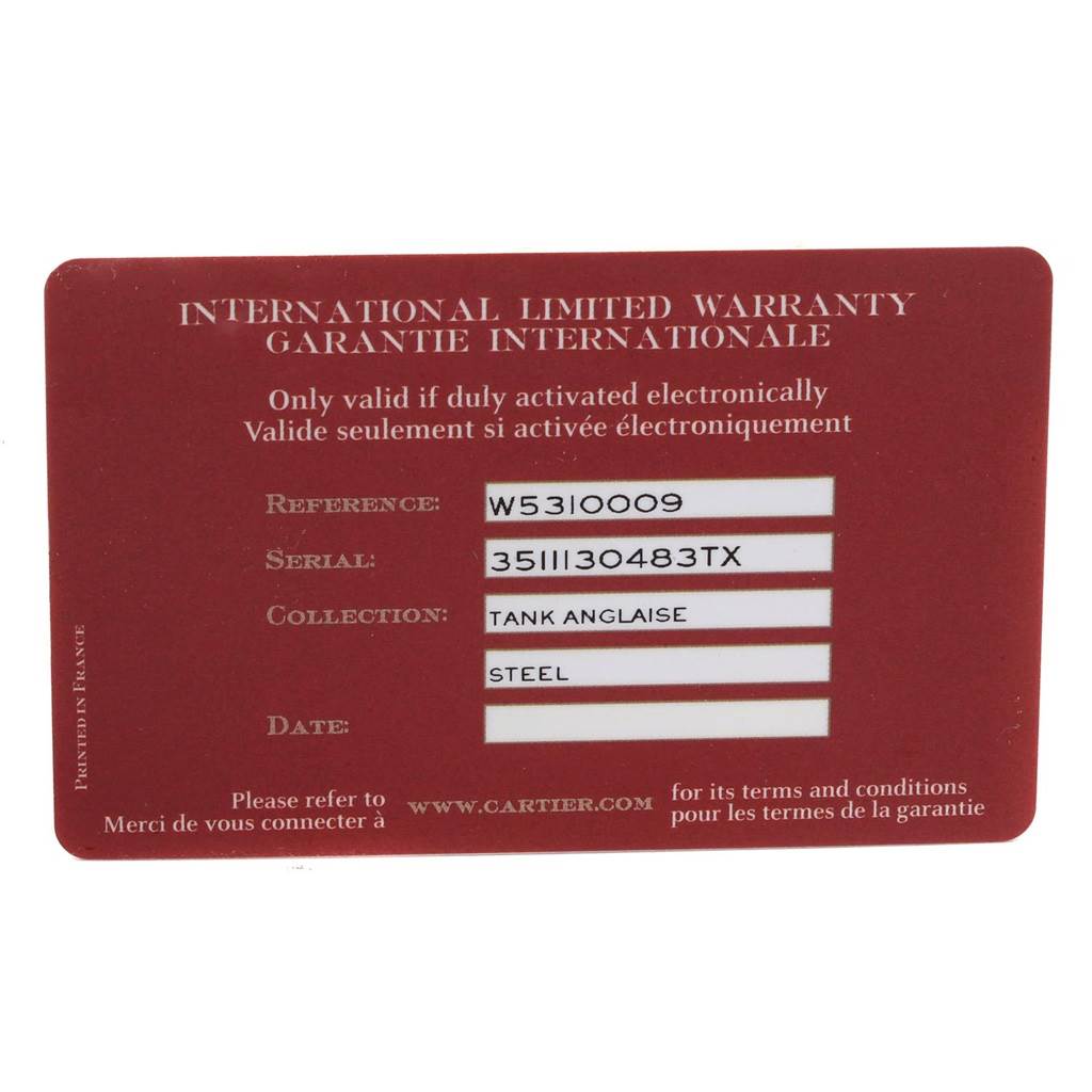 This image shows the front side of the international limited warranty card for a Cartier Tank Anglaise W5310009 Men
s Stainless Steel Silver Dial W5310009 Men
s Stainless Steel Silver Dial watch.
