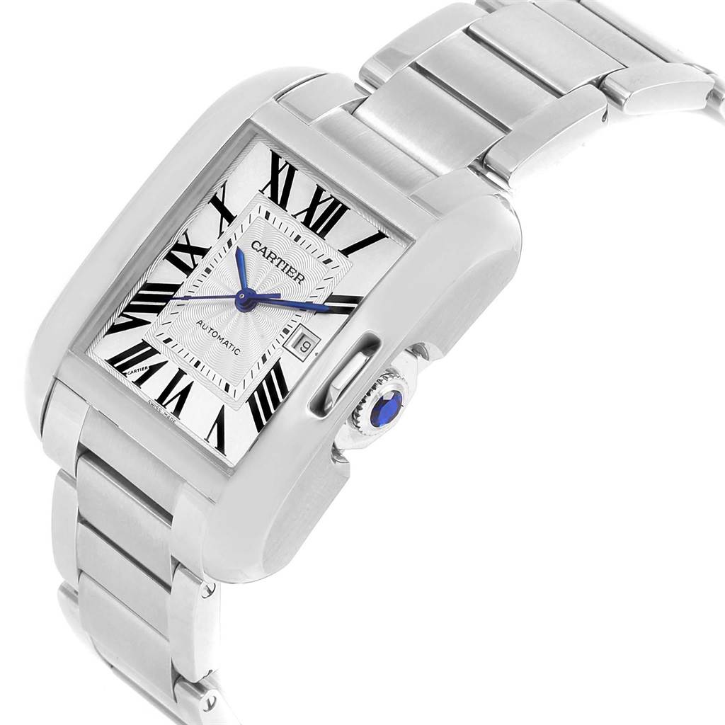 This image shows a close-up of the Cartier Tank Anglaise W5310009 Men
s Stainless Steel Silver Dial W5310009 Men
s Stainless Steel Silver Dial watch, highlighting its face, crown, and stainless steel bracelet.