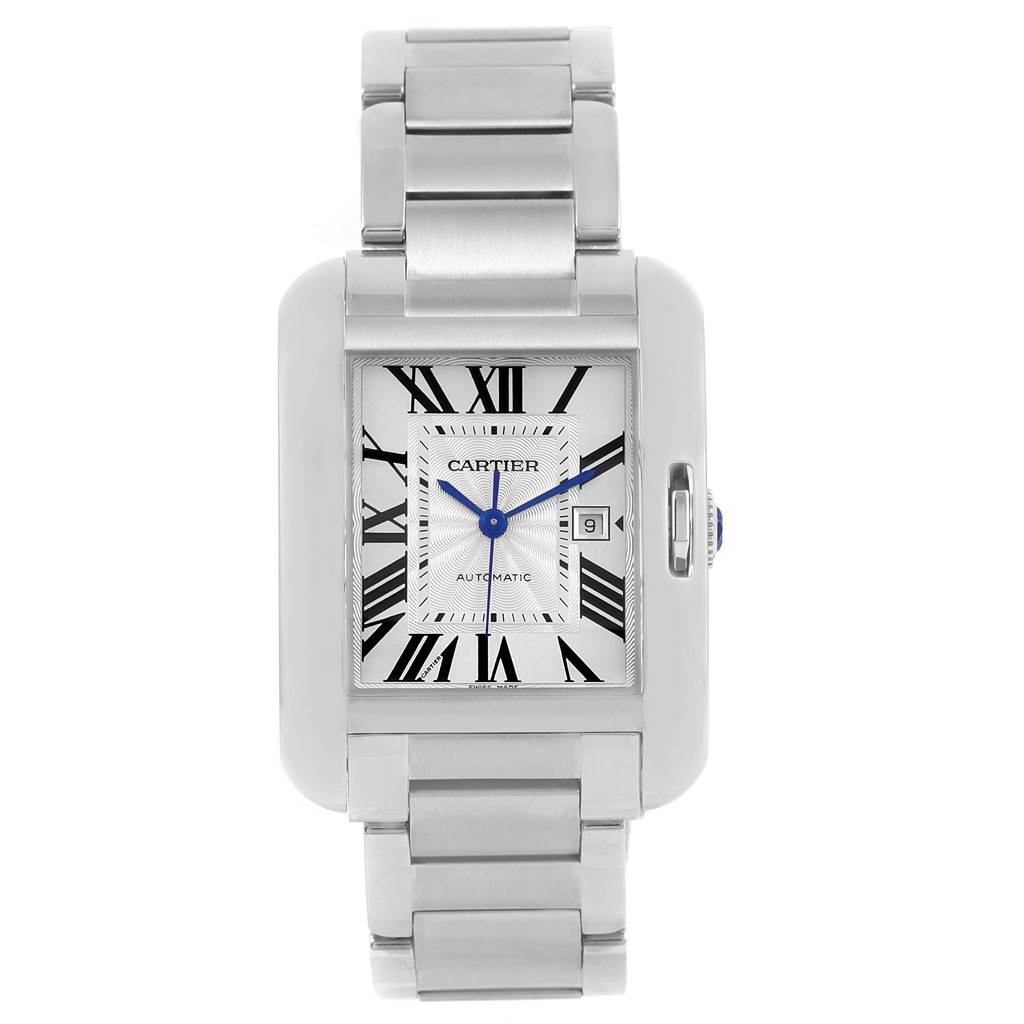 This image shows a frontal view of a Cartier Tank Anglaise W5310009 Men
s Stainless Steel Silver Dial W5310009 Men
s Stainless Steel Silver Dial watch, highlighting the face, bracelet, and crown.