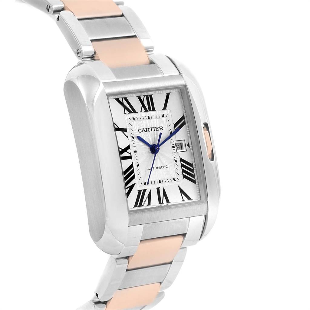 The image shows a close-up, angled view of the Cartier Tank Anglaise W5310007 Men's Steel and Gold (two tone) Silver Dial W5310007 Men's Steel and Gold (two tone) Silver Dial watch's face and partial bracelet.