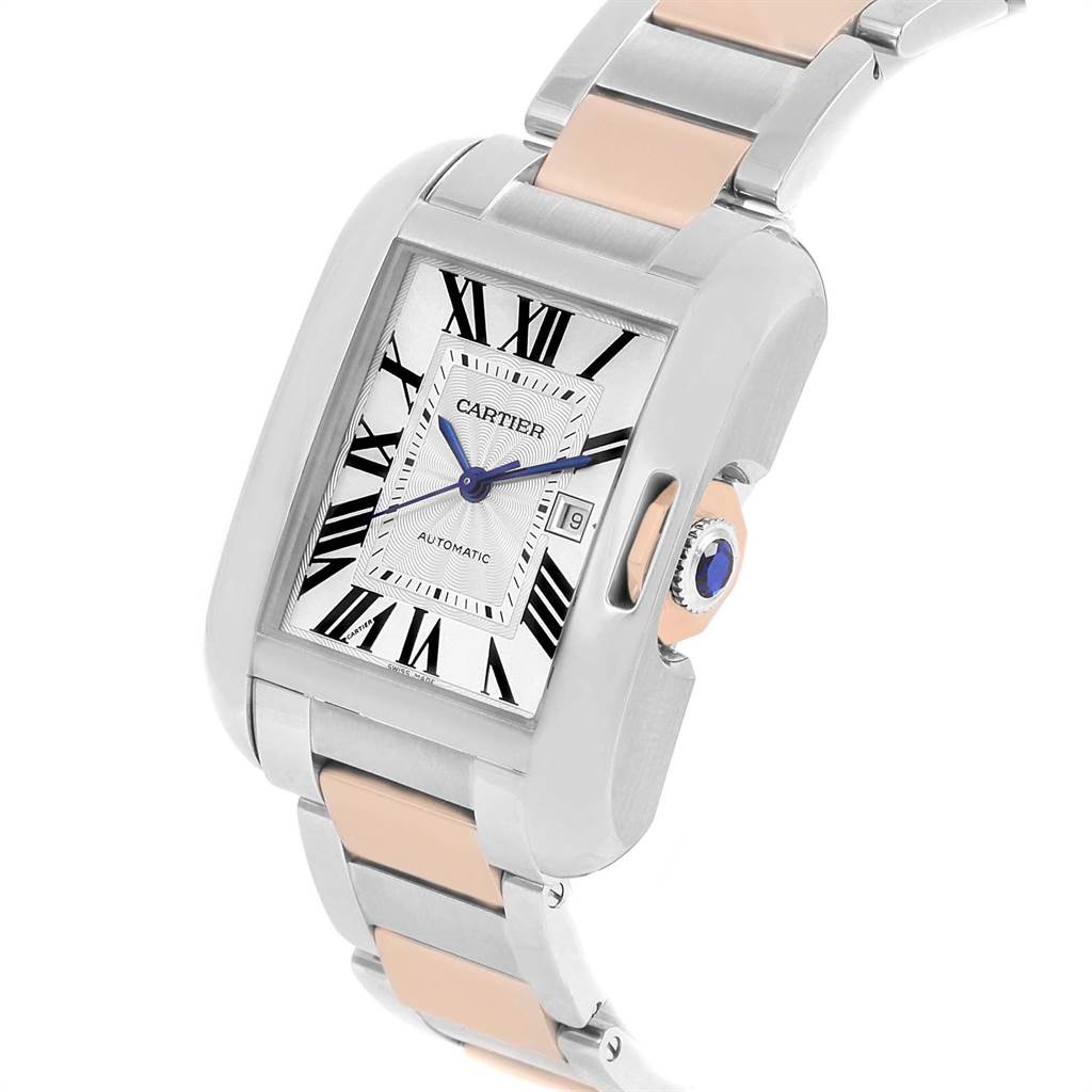 This is a close-up angled view of a Cartier Tank Anglaise W5310007 Men's Steel and Gold (two tone) Silver Dial W5310007 Men's Steel and Gold (two tone) Silver Dial watch showing the face, crown, and part of the bracelet.