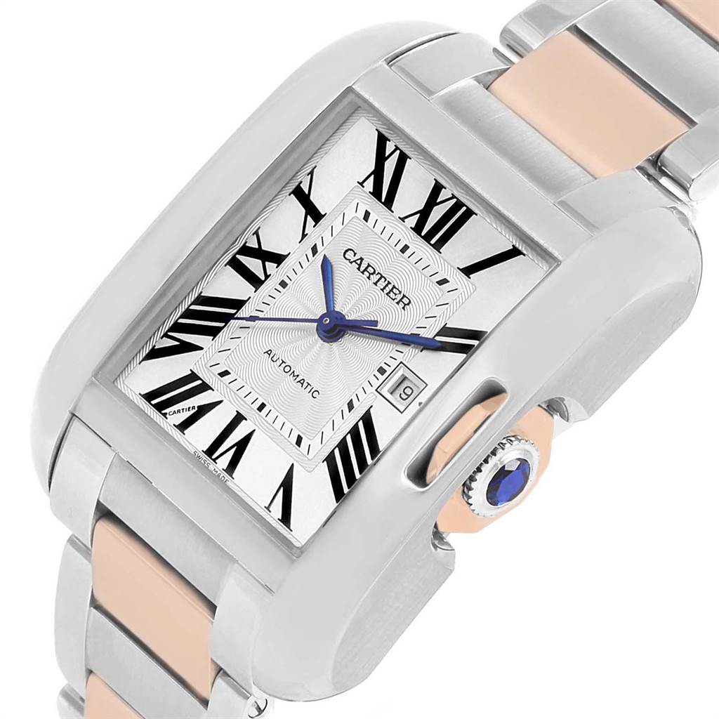 The image shows a close-up angle of the Cartier Tank Anglaise W5310007 Men's Steel and Gold (two tone) Silver Dial W5310007 Men's Steel and Gold (two tone) Silver Dial watch, highlighting the face, crown, and part of the bracelet.