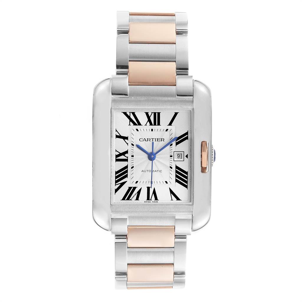 The image shows a Cartier Tank Anglaise W5310007 Men's Steel and Gold (two tone) Silver Dial W5310007 Men's Steel and Gold (two tone) Silver Dial watch from a front view, displaying its rectangular face and metal bracelet.