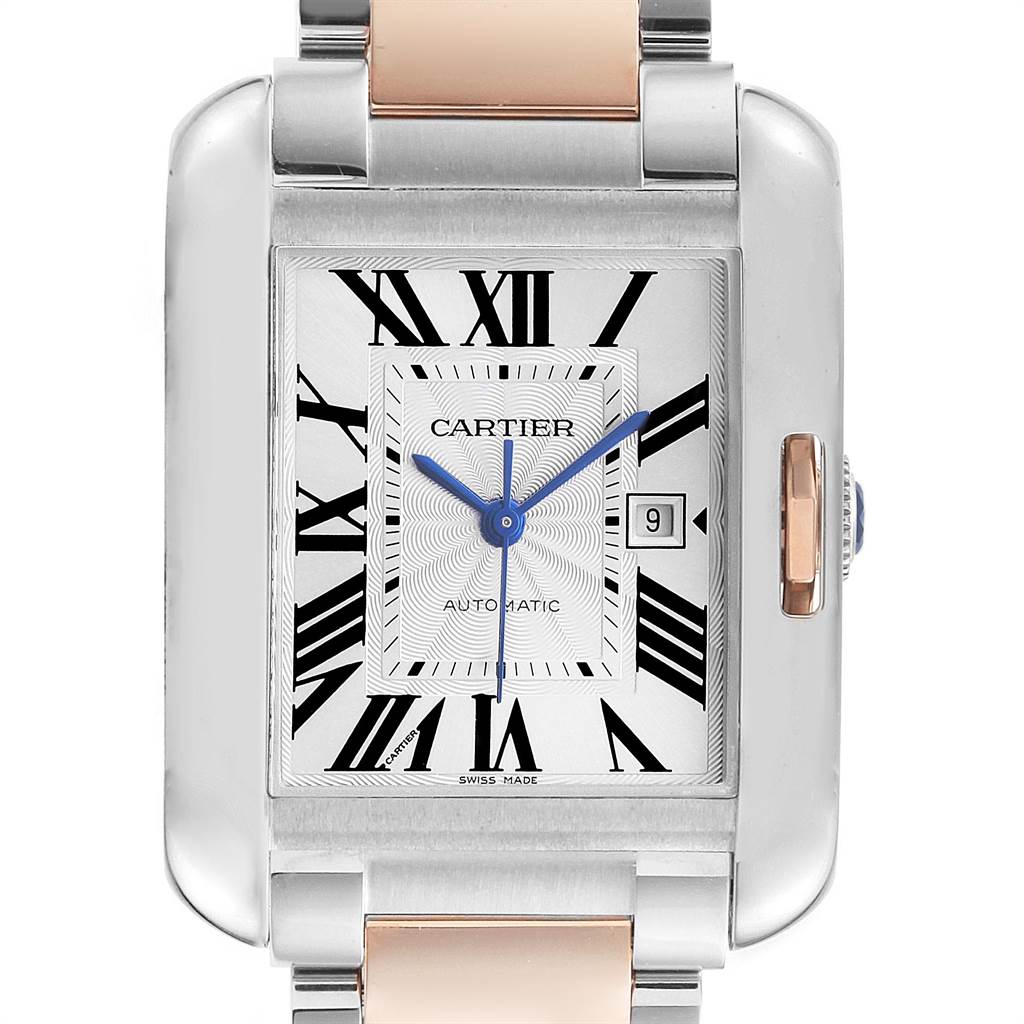 The image shows a frontal view of a Cartier Tank Anglaise W5310007 Men's Steel and Gold (two tone) Silver Dial W5310007 Men's Steel and Gold (two tone) Silver Dial watch, highlighting the face, hands, date window, and part of the bracelet.