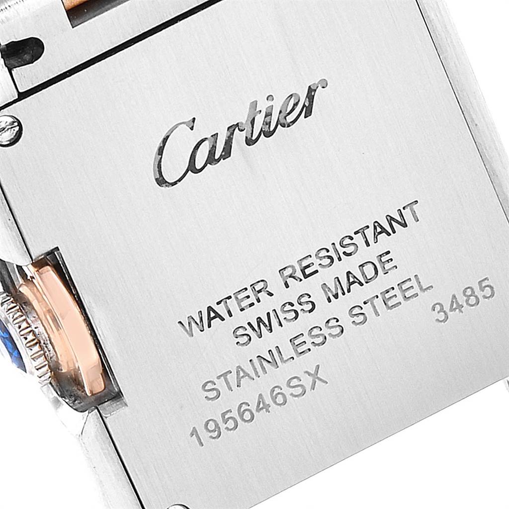 The image shows the back case of a Cartier Tank Anglaise W5310019 Women's Steel and Gold (two tone) Silver Dial W5310019 Women's Steel and Gold (two tone) Silver Dial watch, including the brand engraving and water resistance details.