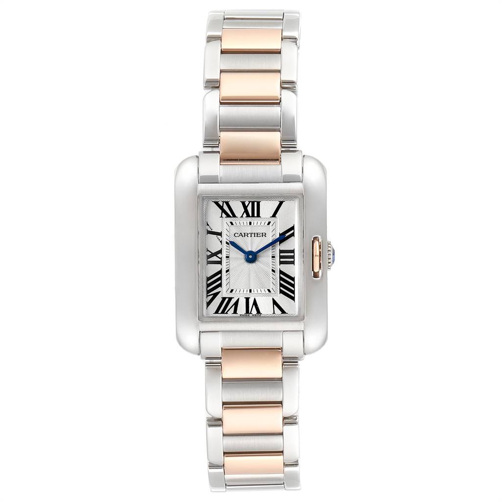 The image shows a front view of the Cartier Tank Anglaise W5310019 Women's Steel and Gold (two tone) Silver Dial W5310019 Women's Steel and Gold (two tone) Silver Dial watch, featuring its rectangular case, bracelet, and Roman numeral dial.