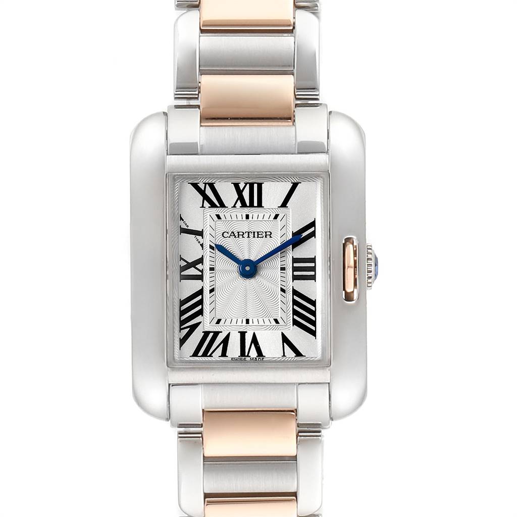 This is a frontal view of the Cartier Tank Anglaise W5310019 Women's Steel and Gold (two tone) Silver Dial W5310019 Women's Steel and Gold (two tone) Silver Dial watch, showing the face, bezel, dial, and part of the bracelet.