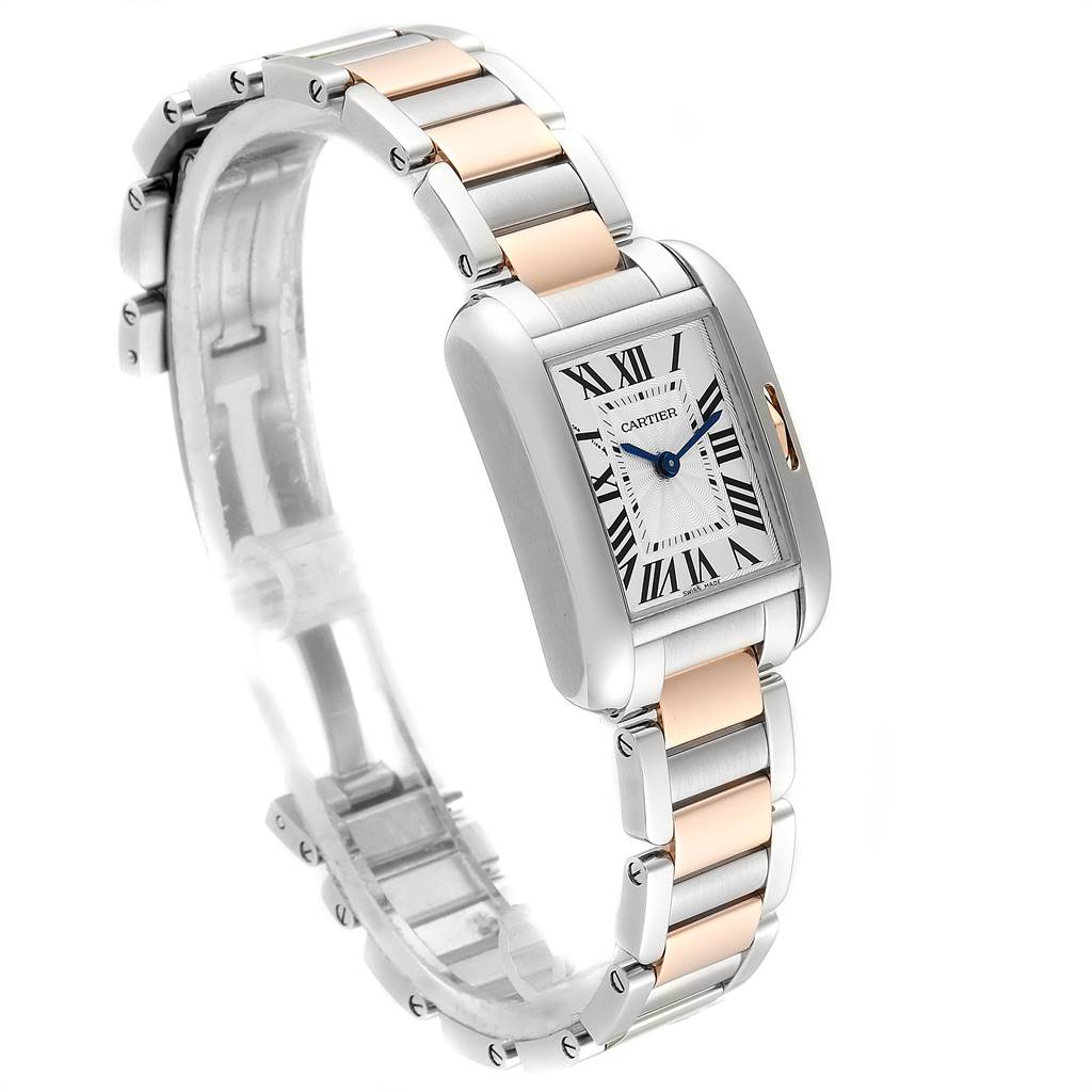 The image shows a front angle of a Cartier Tank Anglaise W5310019 Women's Steel and Gold (two tone) Silver Dial W5310019 Women's Steel and Gold (two tone) Silver Dial watch, featuring its rectangular face and two-tone metal bracelet.