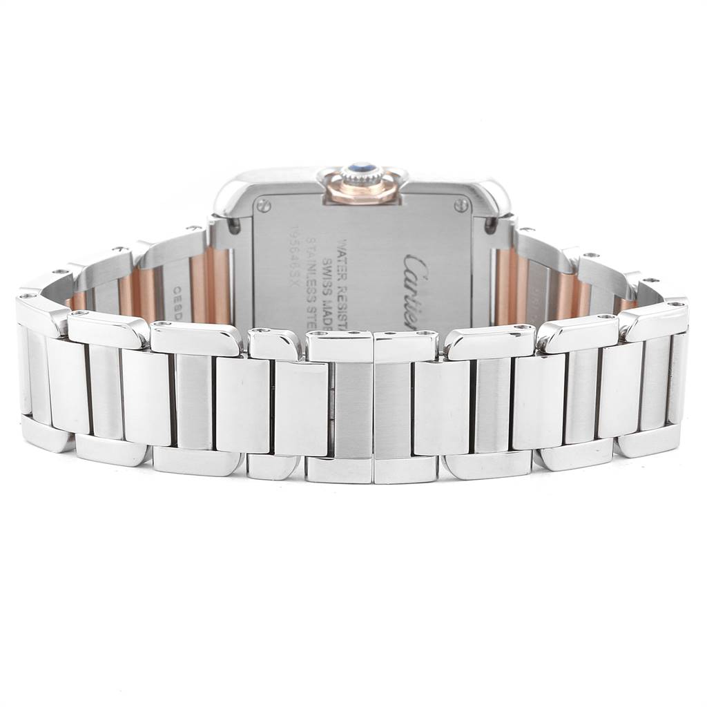 The image shows the back case and stainless steel bracelet of the Cartier Tank Anglaise W5310019 Women's Steel and Gold (two tone) Silver Dial W5310019 Women's Steel and Gold (two tone) Silver Dial watch from a rear angle.