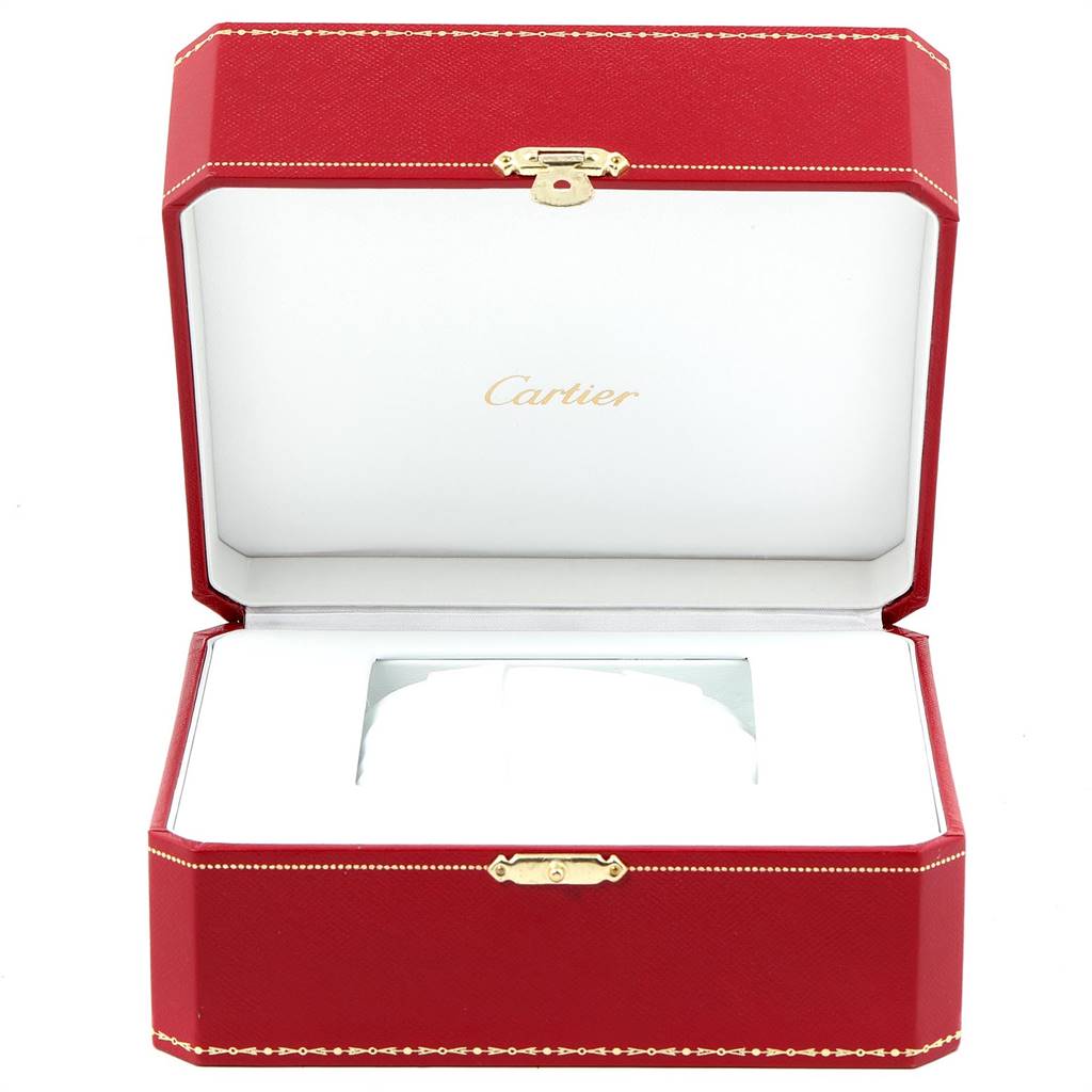 The image shows an open red Cartier box with an interior designed to hold the Tank Anglaise model watch.