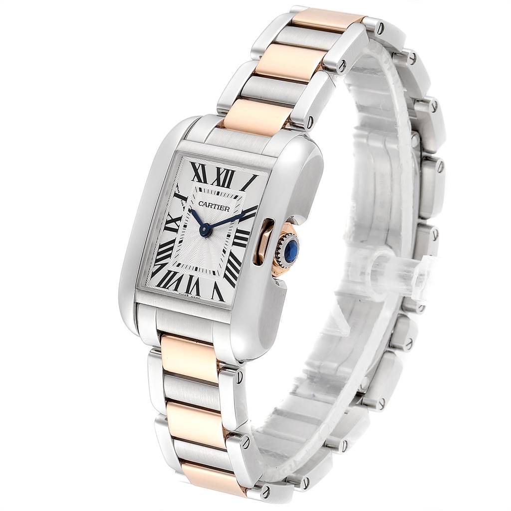 This is a front-angle view of the Cartier Tank Anglaise W5310019 Women's Steel and Gold (two tone) Silver Dial W5310019 Women's Steel and Gold (two tone) Silver Dial watch, showcasing its two-tone metal bracelet and rectangular face.