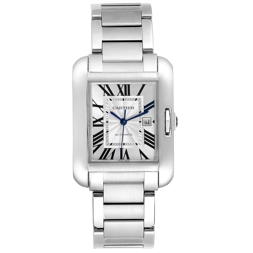 This Cartier Tank Anglaise W5310009 Men's Stainless Steel Silver Dial W5310009 Men's Stainless Steel Silver Dial watch is shown from the front, displaying its rectangular face, bracelet strap, and crown.