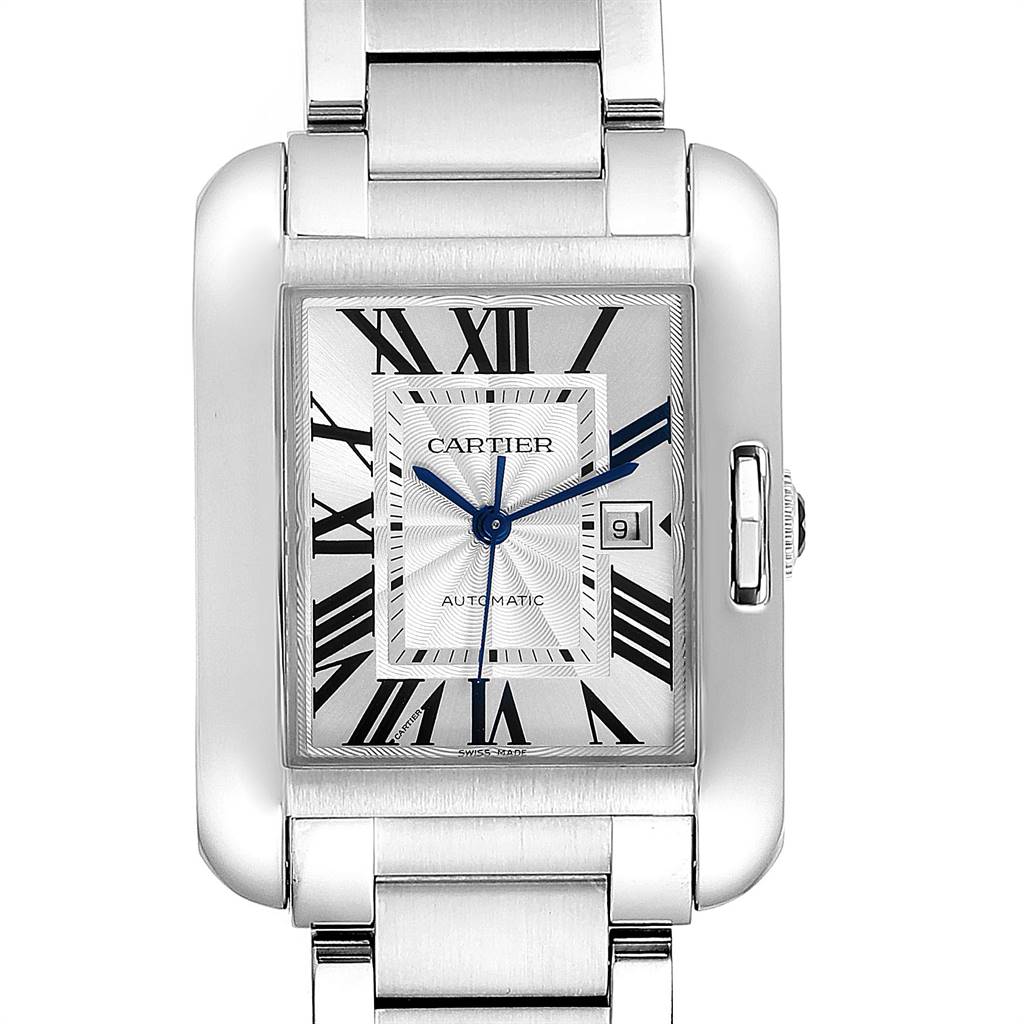 The image shows a front view of the Cartier Tank Anglaise W5310009 Men's Stainless Steel Silver Dial W5310009 Men's Stainless Steel Silver Dial watch, displaying its rectangular face, Roman numerals, and metal bracelet.