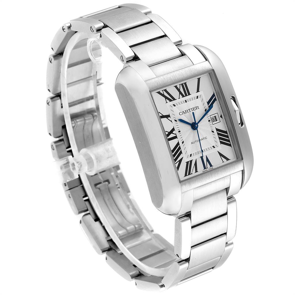 This image shows a Cartier Tank Anglaise W5310009 Men's Stainless Steel Silver Dial W5310009 Men's Stainless Steel Silver Dial watch from a slightly tilted front and side angle, highlighting its case, dial, and bracelet.