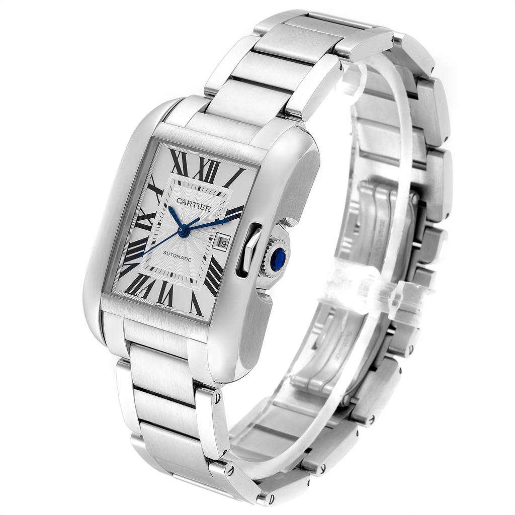 The image shows a Cartier Tank Anglaise W5310009 Men's Stainless Steel Silver Dial W5310009 Men's Stainless Steel Silver Dial watch from a front-right angle, displaying its face, bracelet, and crown.
