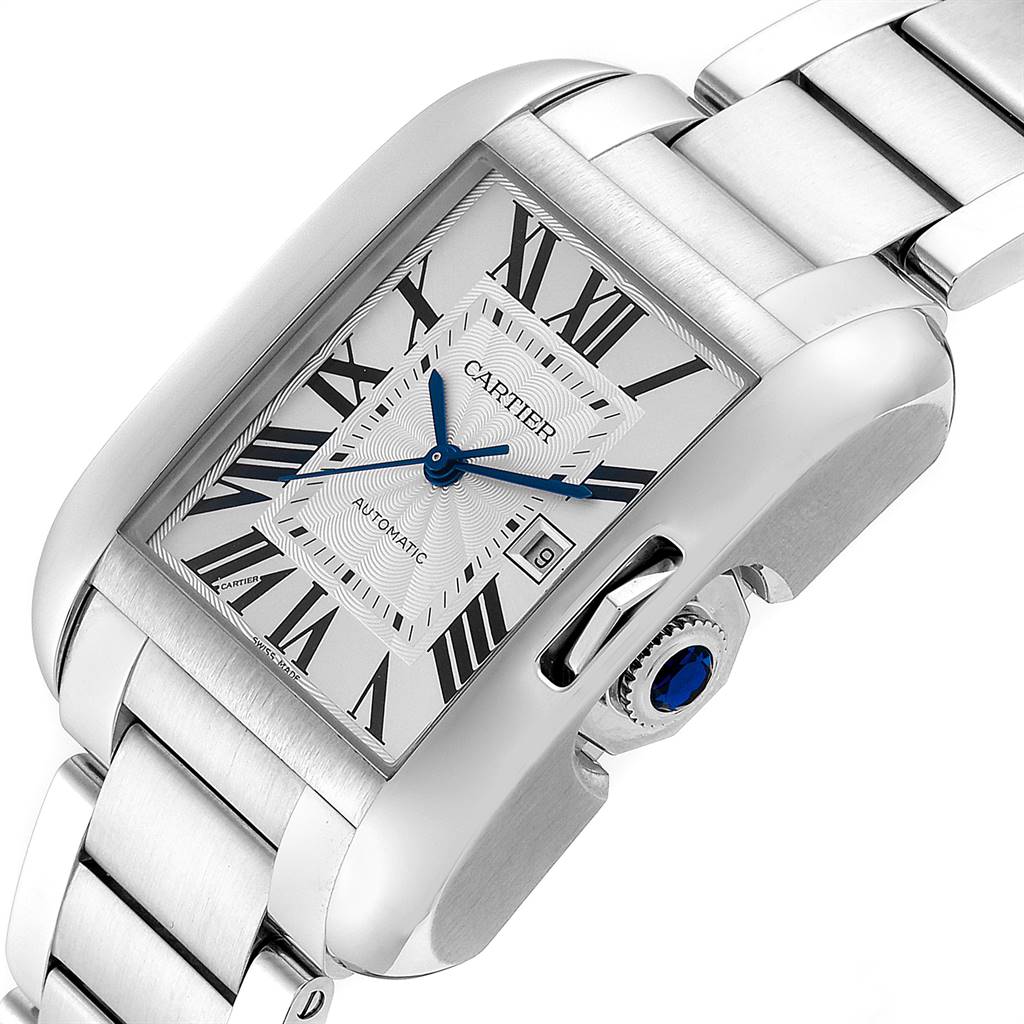 The Cartier Tank Anglaise W5310009 Men's Stainless Steel Silver Dial W5310009 Men's Stainless Steel Silver Dial watch is shown from a side angle, highlighting the dial, crown, and bracelet.