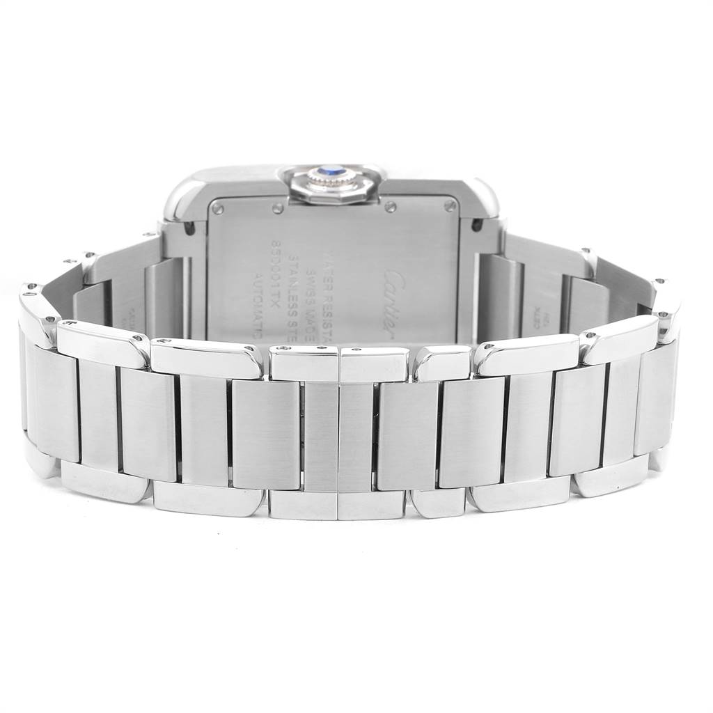 The image shows the back view of a Cartier Tank Anglaise W5310009 Men's Stainless Steel Silver Dial W5310009 Men's Stainless Steel Silver Dial watch, focusing on the case back and stainless steel bracelet.