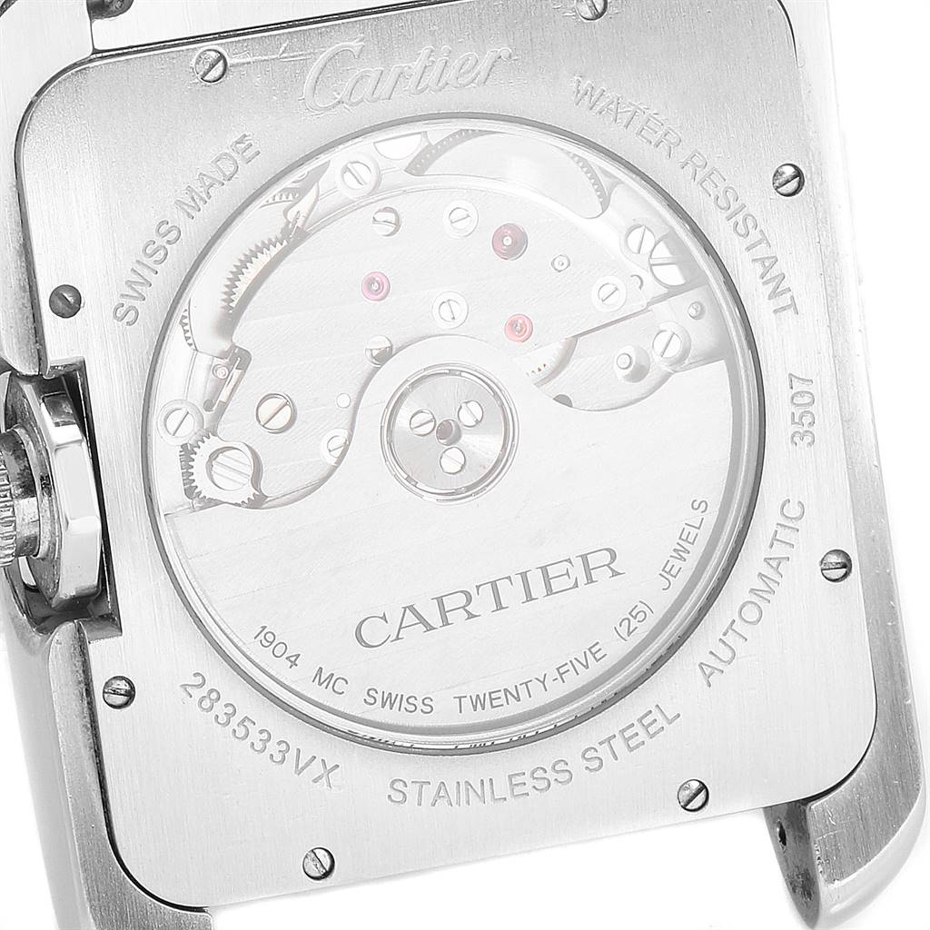 The image shows the back casing and internal mechanism of the Cartier Tank Anglaise W5310008 Men's Stainless Steel Silver Dial W5310008 Men's Stainless Steel Silver Dial watch.