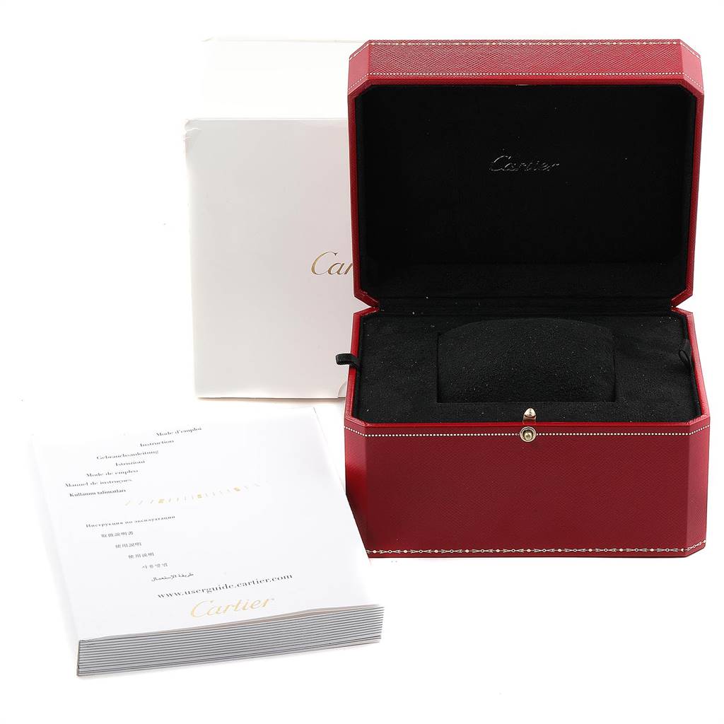 The image shows the box and booklet for a Tank Anglaise model by Cartier.