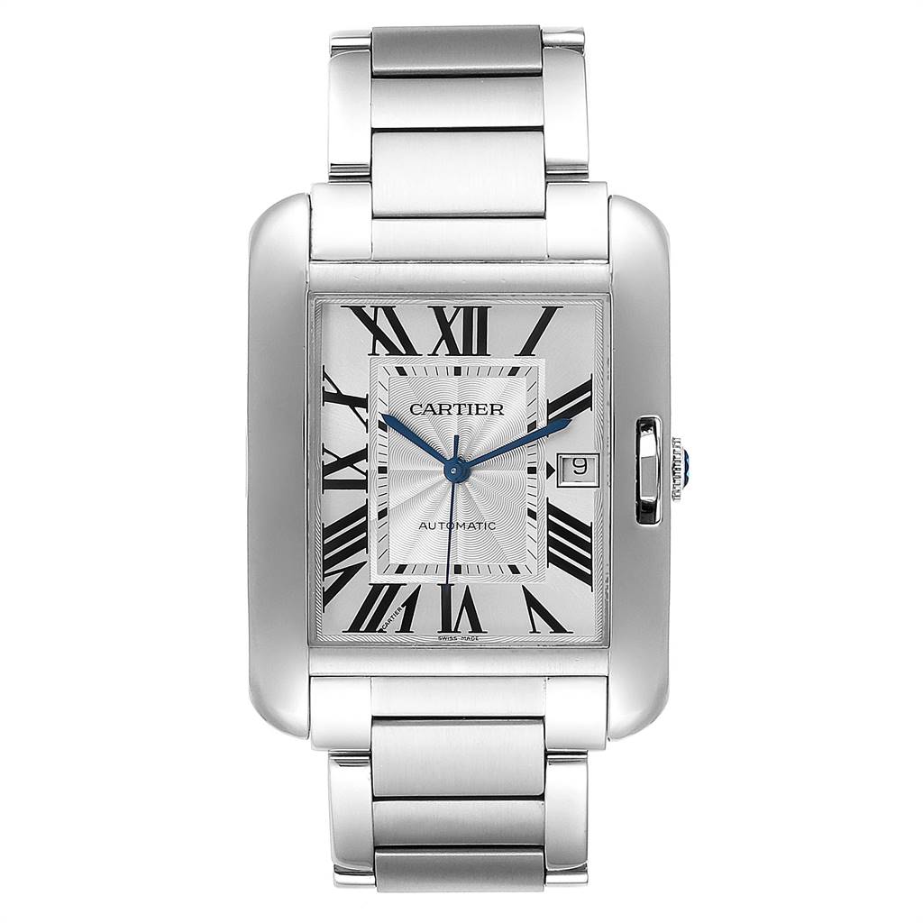The image shows a front-facing view of the Cartier Tank Anglaise W5310008 Men's Stainless Steel Silver Dial W5310008 Men's Stainless Steel Silver Dial watch, displaying its rectangular face, Roman numerals, and metal bracelet.
