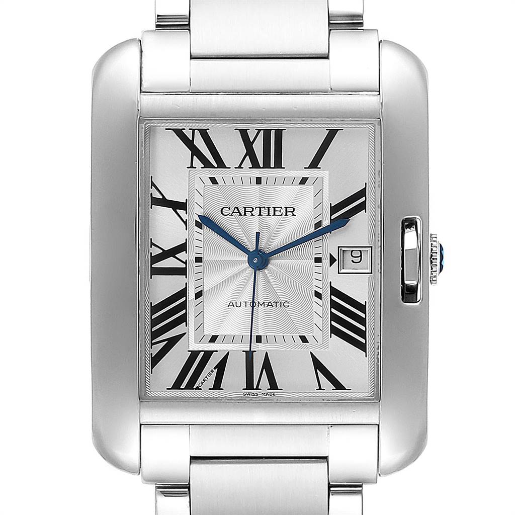 The image shows a Cartier Tank Anglaise W5310008 Men's Stainless Steel Silver Dial W5310008 Men's Stainless Steel Silver Dial watch from a front angle, highlighting the dial, bezel, and part of the bracelet.
