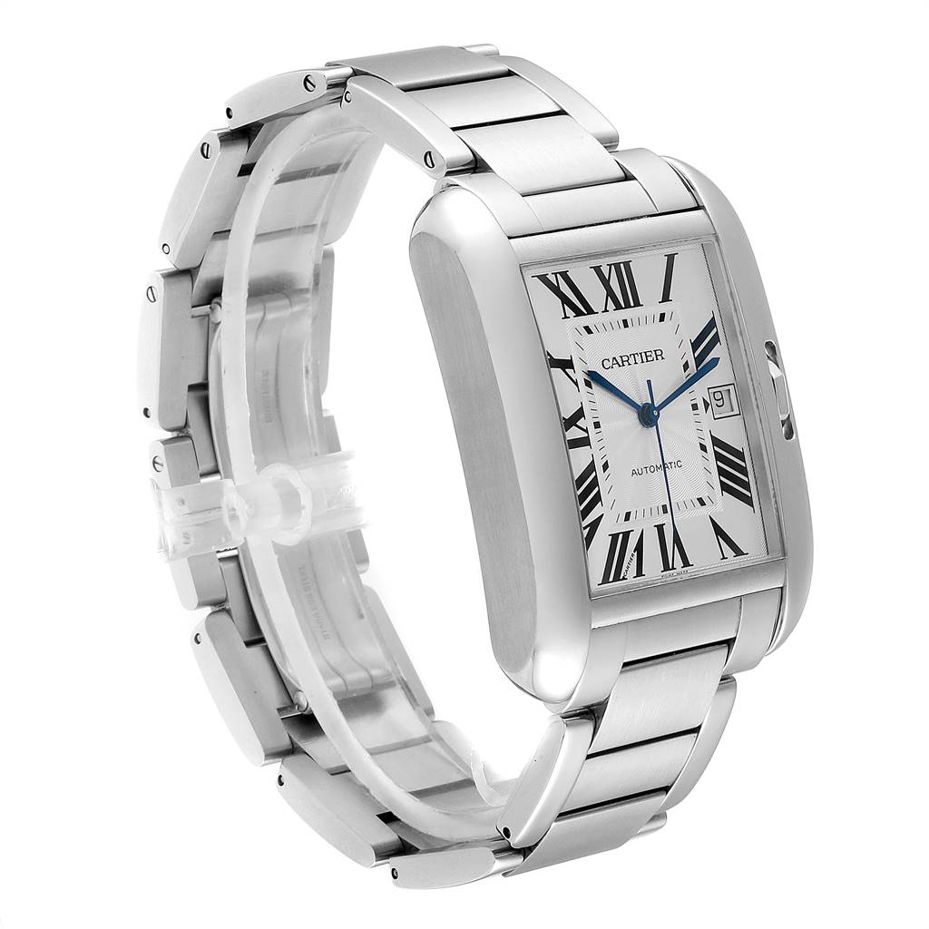 This image shows the Cartier Tank Anglaise W5310008 Men's Stainless Steel Silver Dial W5310008 Men's Stainless Steel Silver Dial watch from a three-quarter angle, focusing on the bracelet, case, and dial.