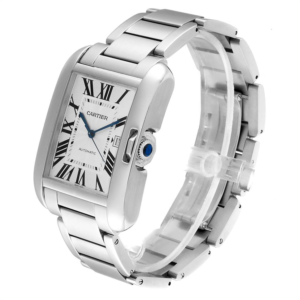The Cartier Tank Anglaise W5310008 Men's Stainless Steel Silver Dial W5310008 Men's Stainless Steel Silver Dial watch is shown from an angled side view, highlighting its rectangular case, bracelet, and crown.