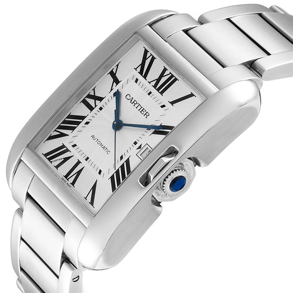 The Cartier Tank Anglaise W5310008 Men's Stainless Steel Silver Dial W5310008 Men's Stainless Steel Silver Dial watch is shown at an angled side view, highlighting the face, bracelet, and crown.