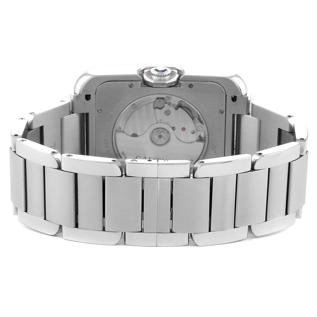 The image shows the back view of a Cartier Tank Anglaise W5310008 Men's Stainless Steel Silver Dial W5310008 Men's Stainless Steel Silver Dial watch, highlighting the case back and stainless steel bracelet.
