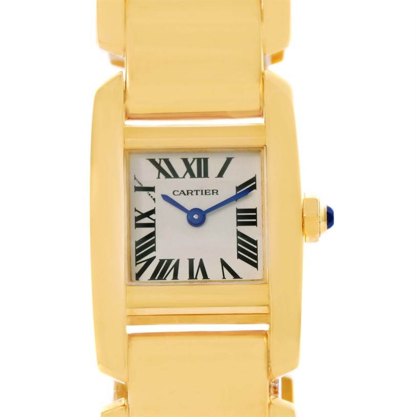 This image shows a frontal view of the Cartier Tankissime W650037H Women's Yellow Gold Silver Dial W650037H Women's Yellow Gold Silver Dial watch, highlighting its rectangular dial, roman numerals, and crown detail.