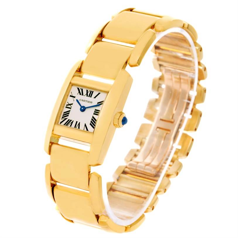 The image shows a Cartier Tankissime W650037H Women's Yellow Gold Silver Dial W650037H Women's Yellow Gold Silver Dial watch from a front angle, highlighting its gold bracelet and rectangular face with Roman numerals.
