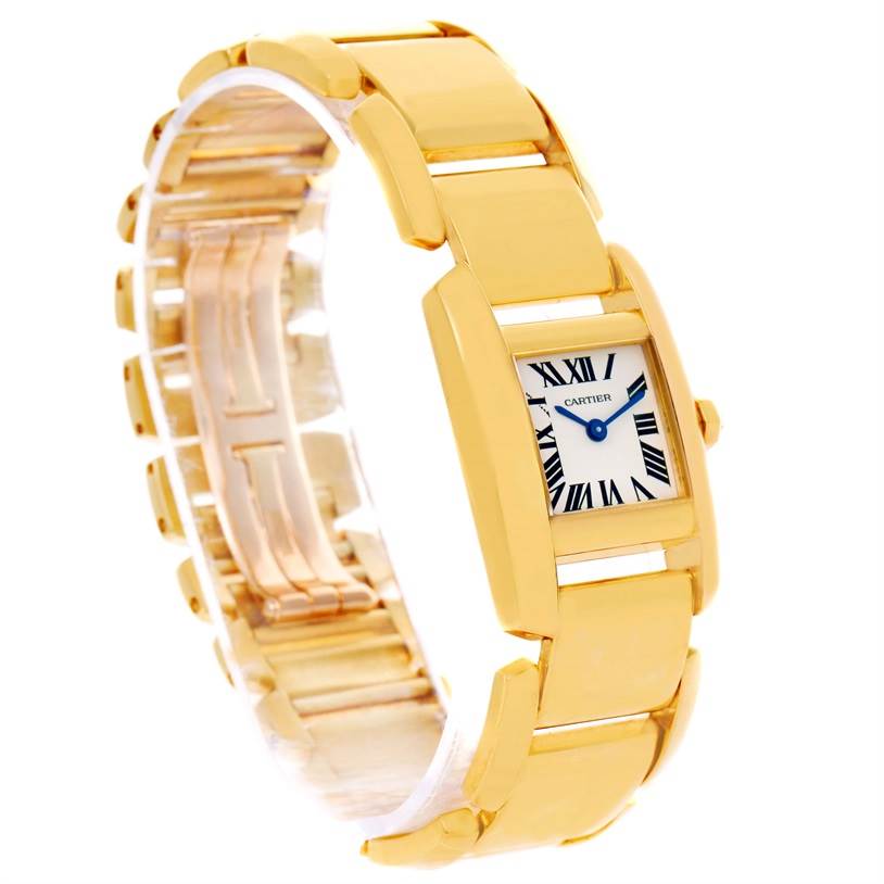The Tankissime model by Cartier is shown at a three-quarter angle, highlighting its gold bracelet and rectangular face with Roman numerals.
