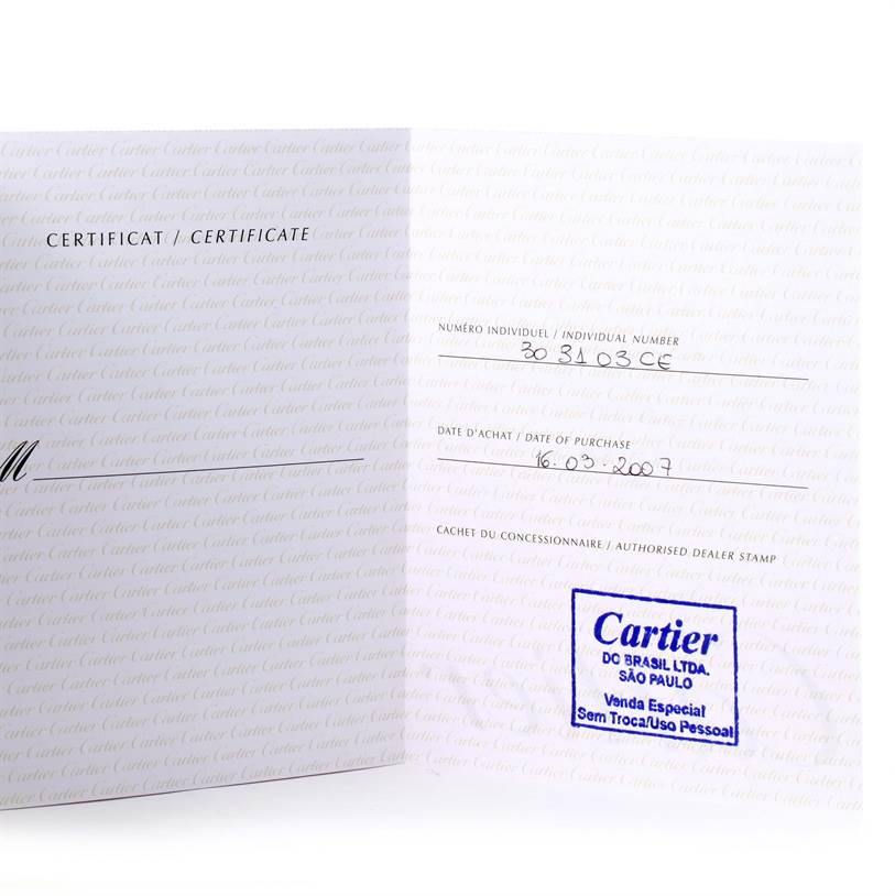 This image shows the certificate of authenticity for the Cartier Tankissime W650037H Women's Yellow Gold Silver Dial W650037H Women's Yellow Gold Silver Dial model watch.