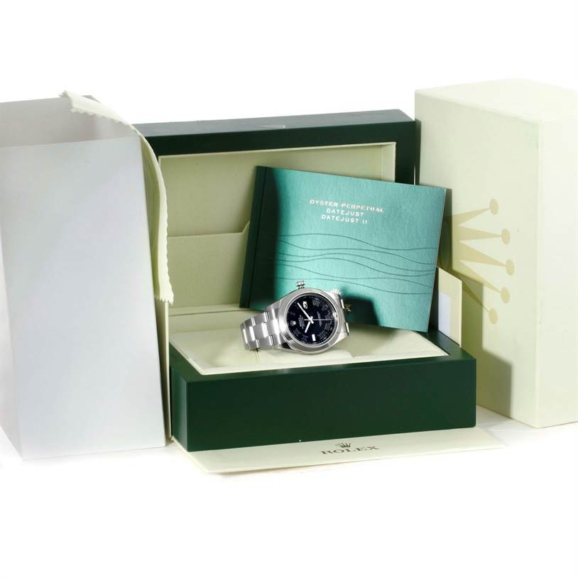 The image shows a Rolex Datejust 41 116300 Men's Stainless Steel Black Dial 116300 Men's Stainless Steel Black Dial watch with a box and paperwork, captured at a slight angle to the front.