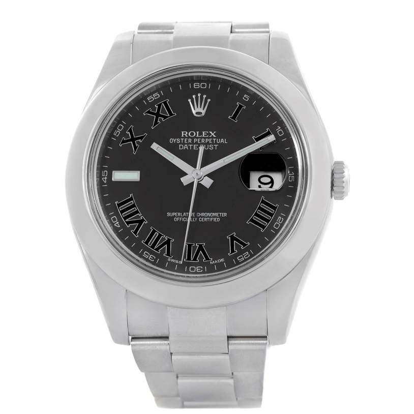 This image shows a front view of the Rolex Datejust 41 116300 Men's Stainless Steel Black Dial 116300 Men's Stainless Steel Black Dial watch, highlighting its black dial with Roman numerals, date window, and stainless steel bracelet.
