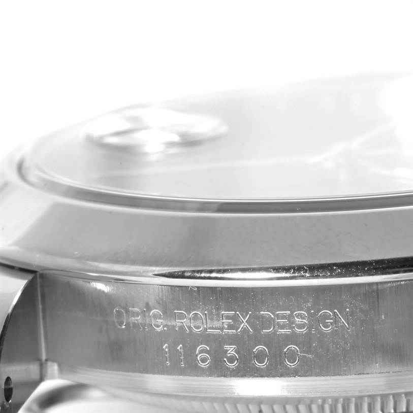 The image shows a close-up side view of the case and bezel of a Rolex Datejust 41 116300 Men's Stainless Steel Black Dial 116300 Men's Stainless Steel Black Dial, highlighting the engraved model number.